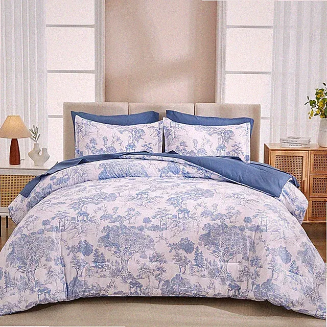 Blue Comforter Set King, 7 Pieces Bed in a Bag King Size Botanical Comforters...