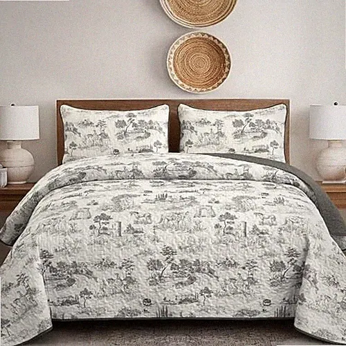Farmhouse Quilt Set Queen Size, Toile Rustic Bedspreads, Queen (96"x90") Grey