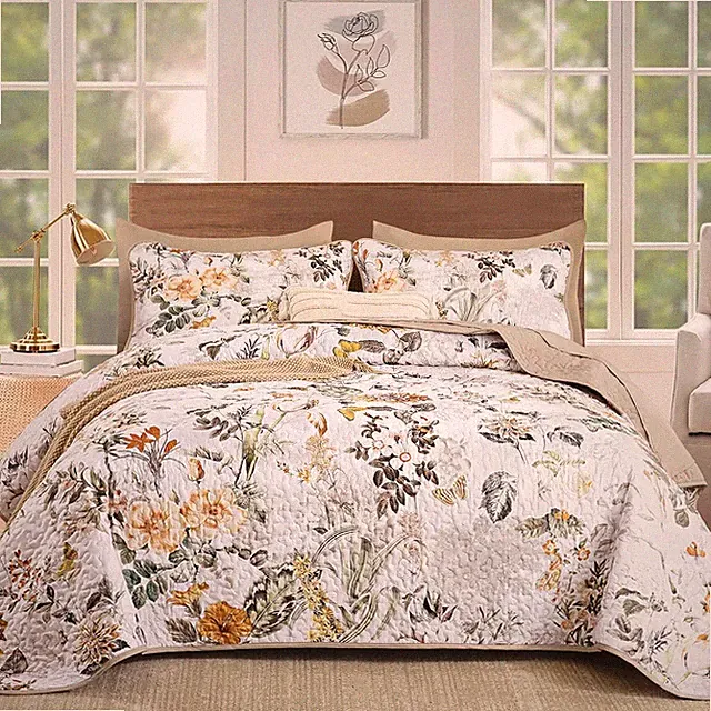 Floral Quilt Set King Size, Brown Bontanical Quilt Queen Size,Garden Style Bedsp