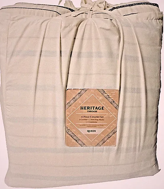 Heritage Threads 4-Piece Queen Coverlet Set with Comforter Beige with Blue strip