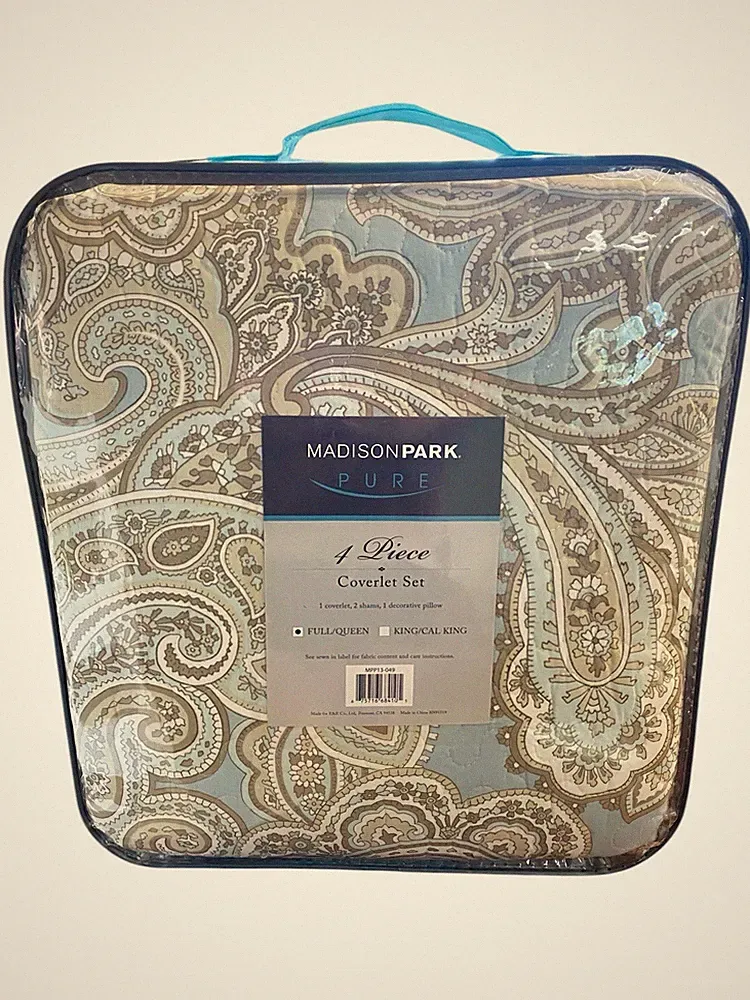 Madison Park Pure Ronan 100% Cotton Quilt Set-Paisley Blue 4 Pieces NEW