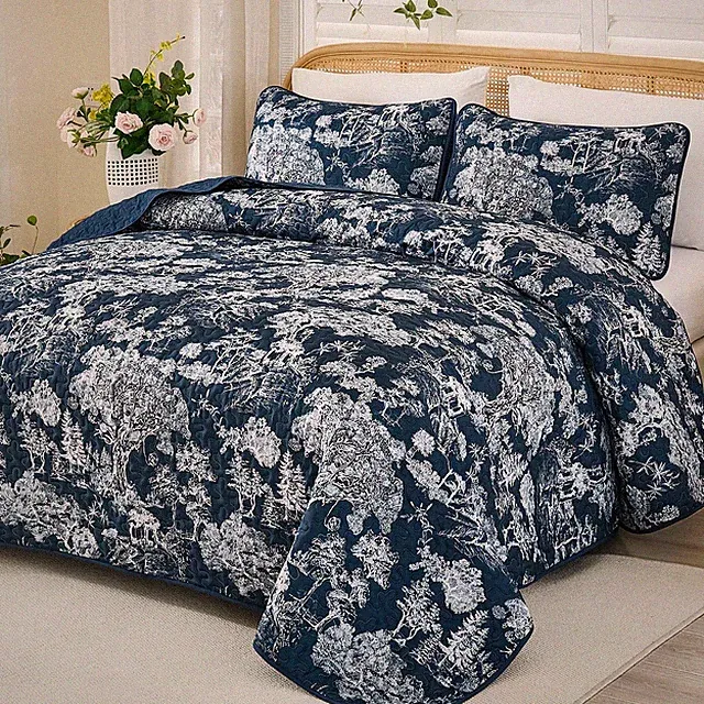 Quilt Set King Size, 3 Pieces Navy Blue Botanical Floral Printed Bedspread Co...