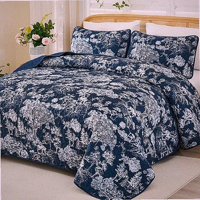 Quilt Set Queen Size,3 Pieces Navy Blue Floral Plants Printed Bedspread Cover...