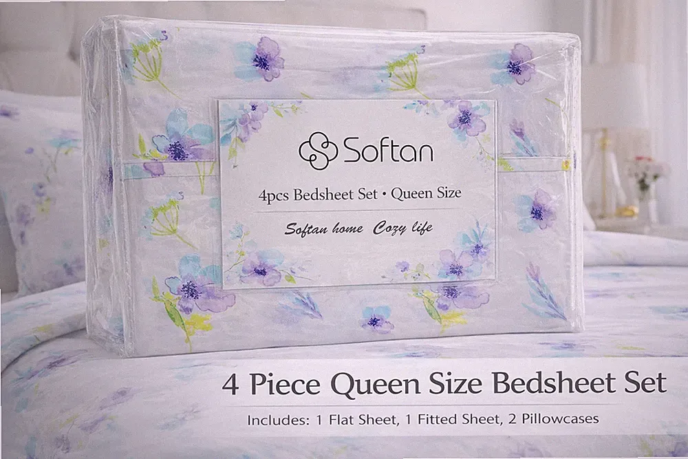 Softan 4pcs Bedsheet Set Queen Size Floral Print Soft Cozy Bedding Set